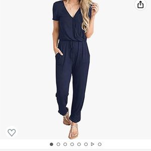 Summer Casual Deep V Neck Short Sleeve Wrap Drawstring Waist Jumpsuit Romper